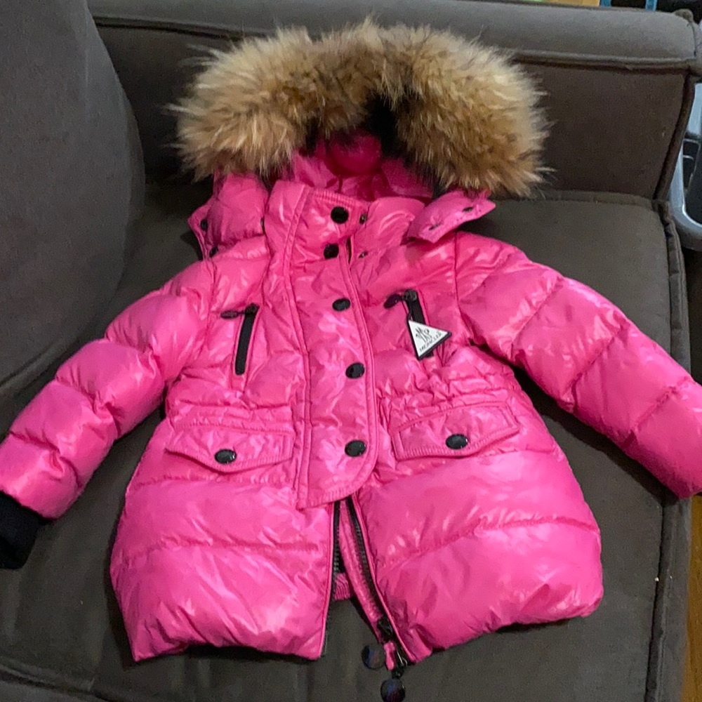 Moncler Pink Kids Puffer Jacket with Fur Hood